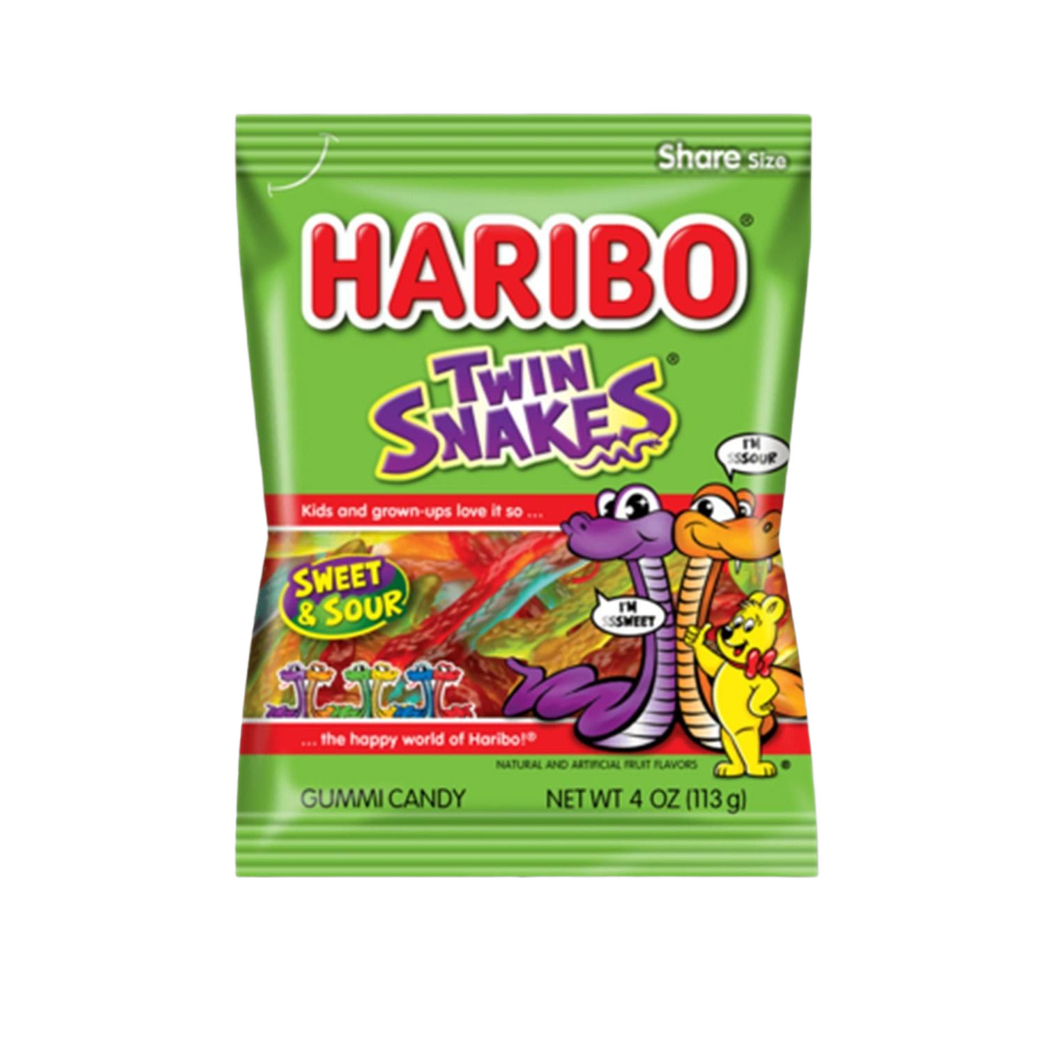 Bright green packet of Haribo gummy candy featuring twin snake characters and sweet and sour fruit flavors under $50 collection