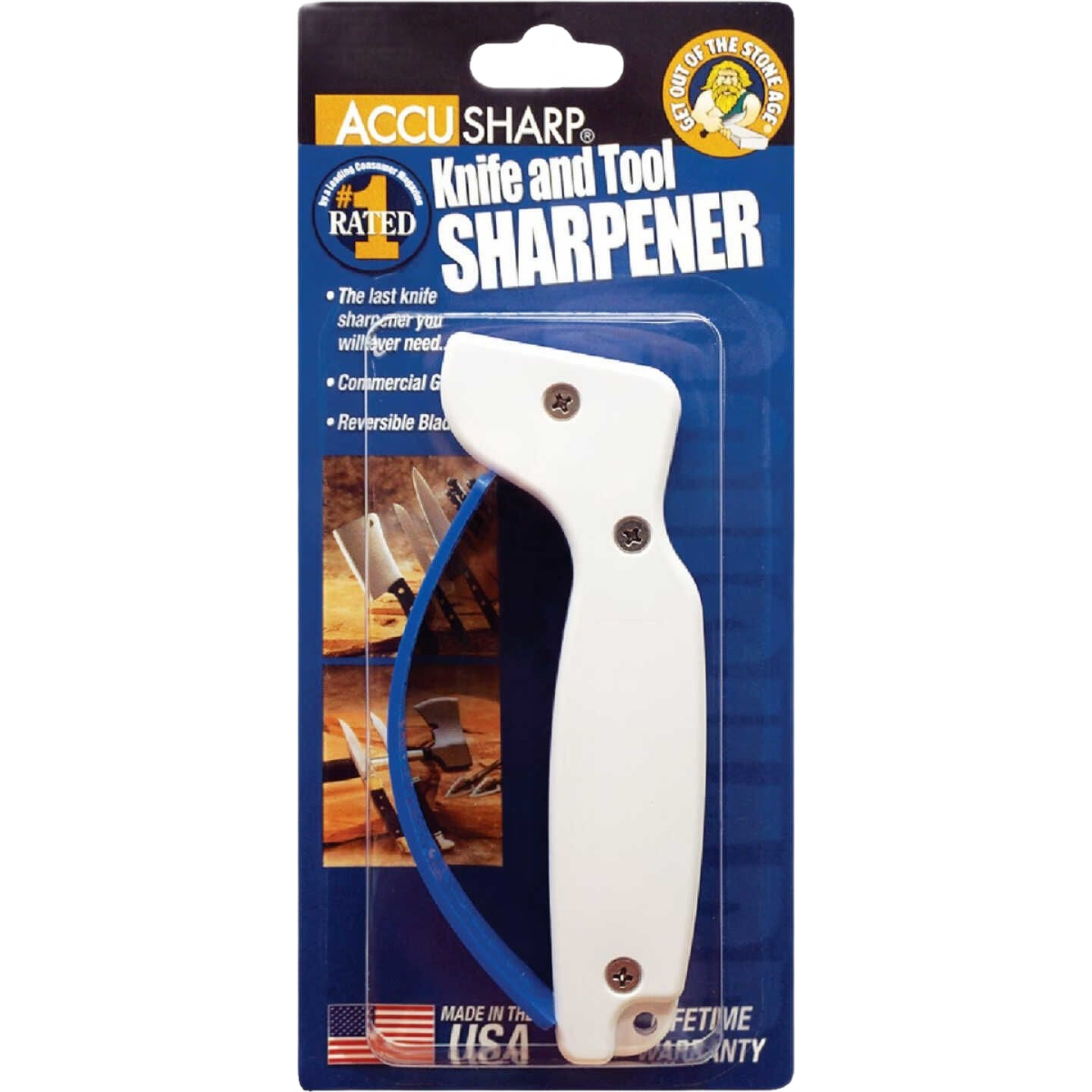White handheld knife and tool sharpener in packaging, part of woodworking tool accessories under $50 for home improvement.