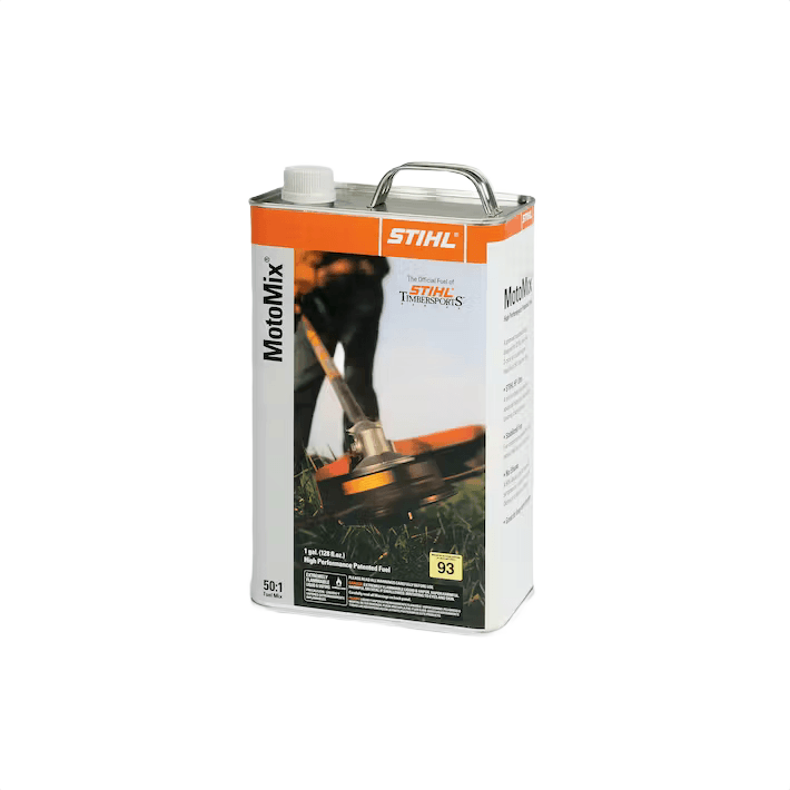 White and orange 1 gallon container of mixed fuel for outdoor power tools featuring a grass trimmer image on the label
