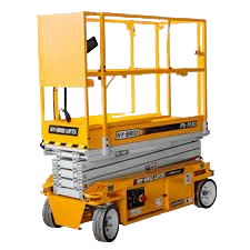 Compact electric scissor lift with yellow steel frame and guardrails, designed for safe aerial work in construction rental equipment at Hartville Hardware.