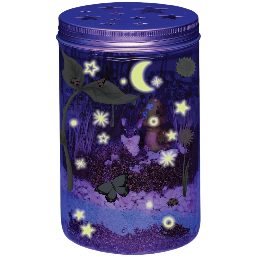 Glowing miniature garden in mason jar with bunny, plants, mushrooms, butterflies, and ladybugs for kids’ outdoor play decor