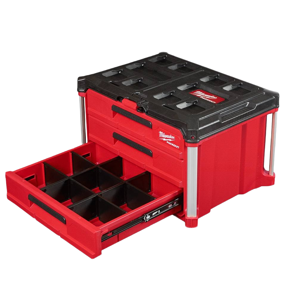 Red and black modular tool box with three drawers and divided storage compartments for workshop and jobsite organization