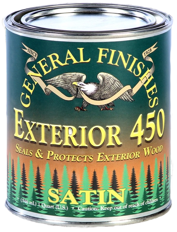 Quart can of exterior wood varnish with satin finish for sealing and protecting outdoor wood surfaces