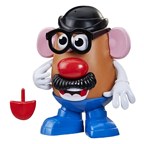 Plastic toy figure with removable features including black glasses, bowler hat, red nose, and blue shoes