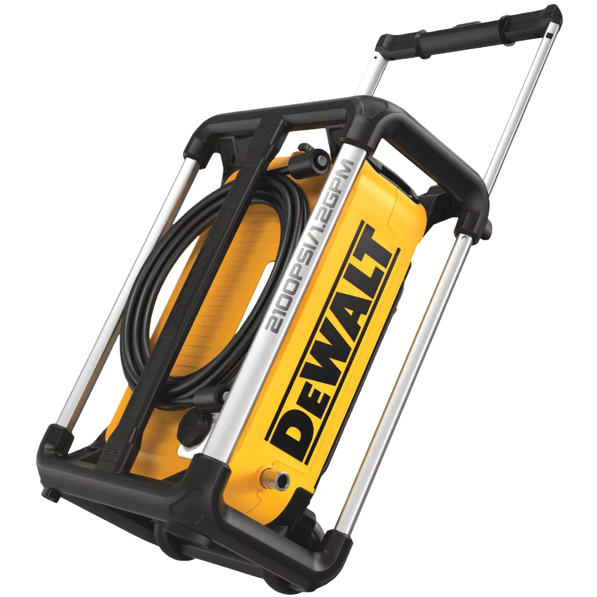 Yellow and black compact electric pressure washer with sturdy frame, hose storage, and handle, designed for outdoor power equipment and home improvement tasks.