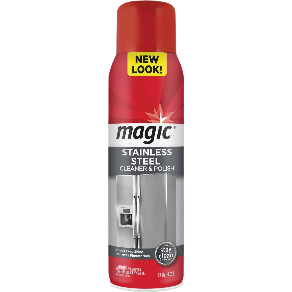 Red and silver can of Magic stainless steel spray cleaner and polish for cleaning supplies and home improvement tasks under $50