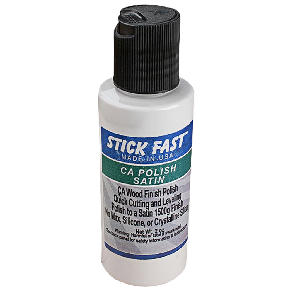 Small white bottle of Stick Fast CA Satin wood polish for sanding, finishing, and polishing wood projects and repairs