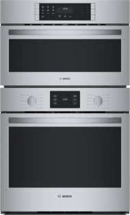 Stainless steel 30-inch combination oven with digital display and metal knobs from Bosch wall ovens collection