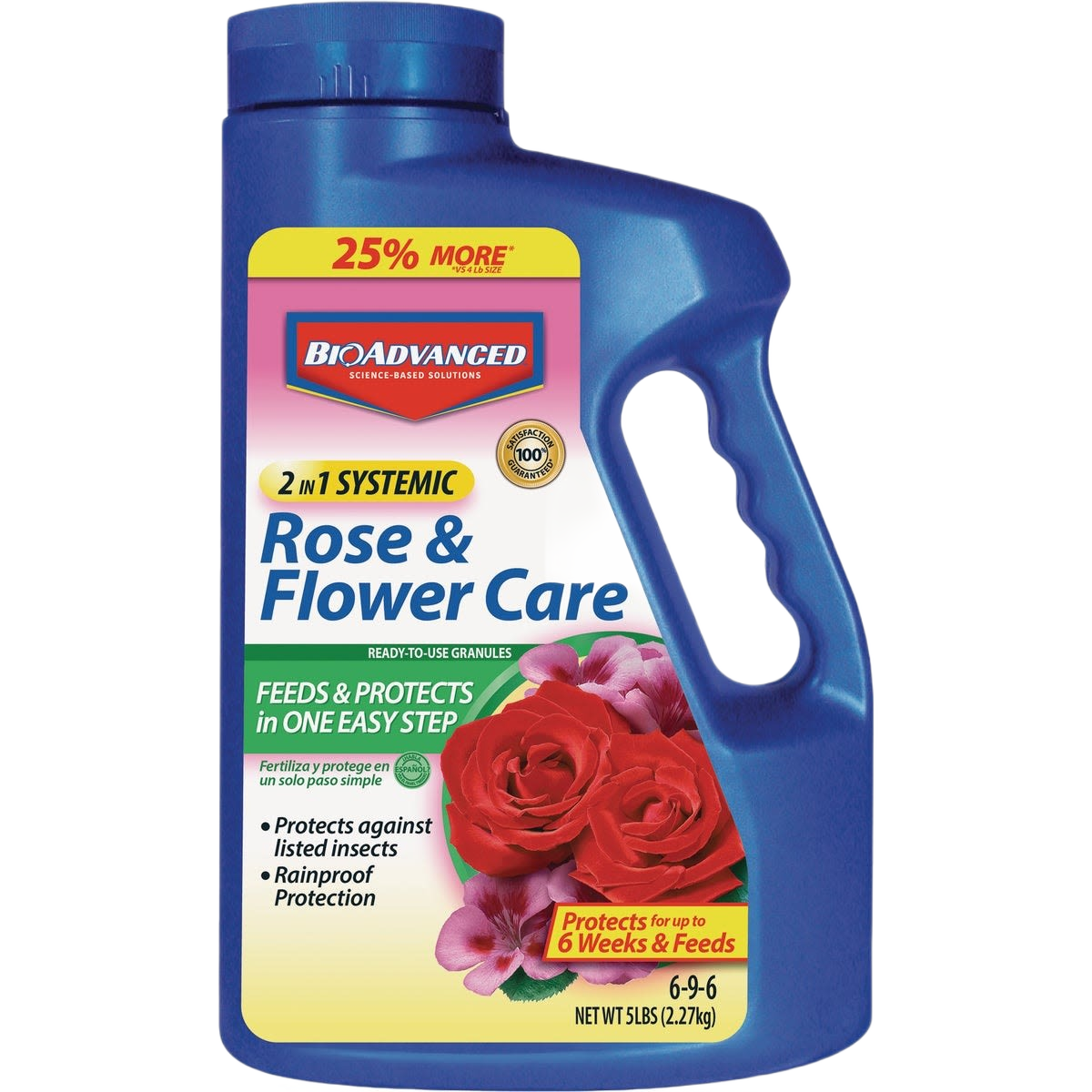 Blue container of systemic rose and flower care granules with insect protection and feeding formula for gardening use