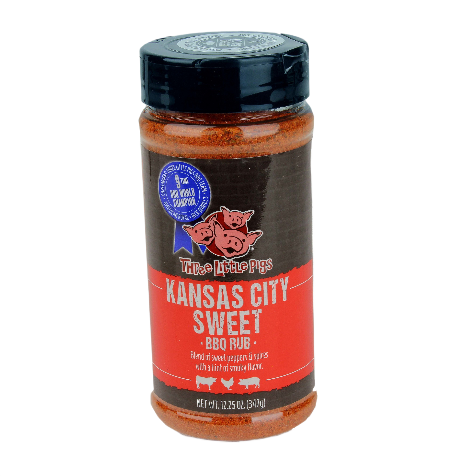Jar of Kansas City Sweet BBQ Rub with spicy sweet pepper blend and smoky flavor for grilling and outdoor cooking collections