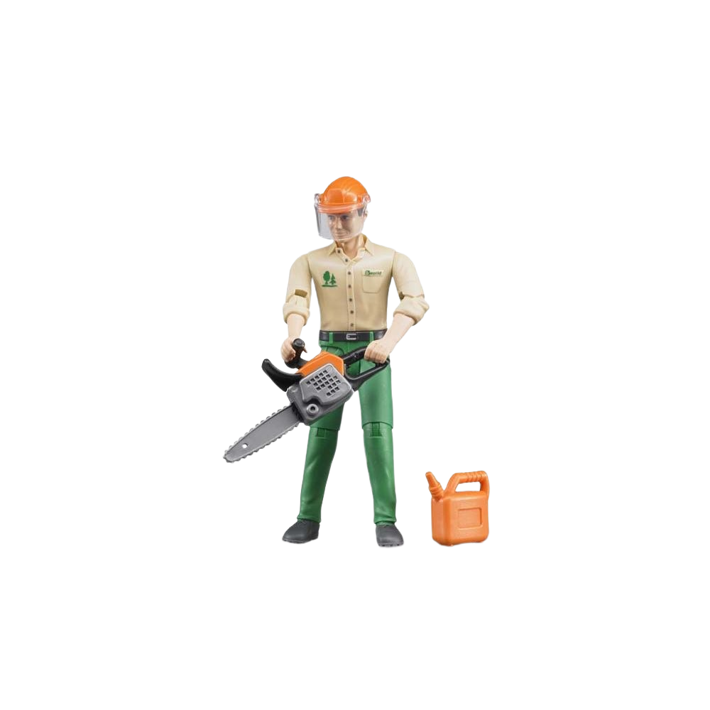 Detailed forestry worker action figure with chainsaw and fuel can, perfect for Bruder Toys and children's playsets under $50