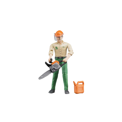 Detailed forestry worker action figure with chainsaw and fuel can, perfect for Bruder Toys and children's playsets under $50