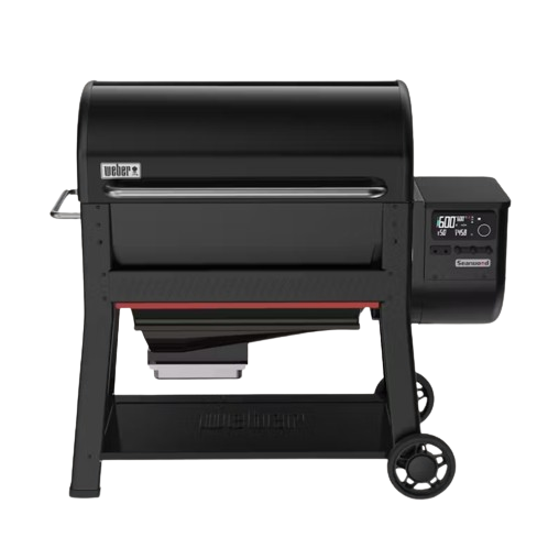 Black pellet grill with digital control panel and wheels, designed for outdoor living and versatile grilling with wood pellets.