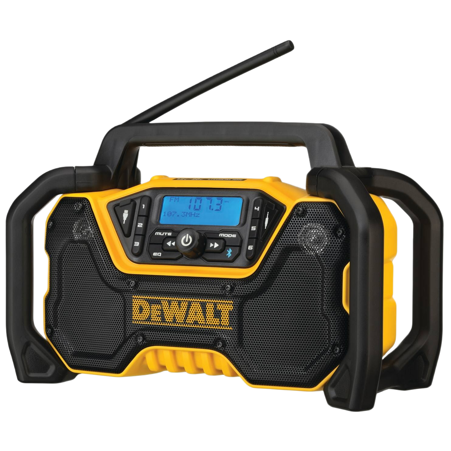 Yellow and black DEWALT Bluetooth cordless jobsite radio with protective handles for tools and home improvement