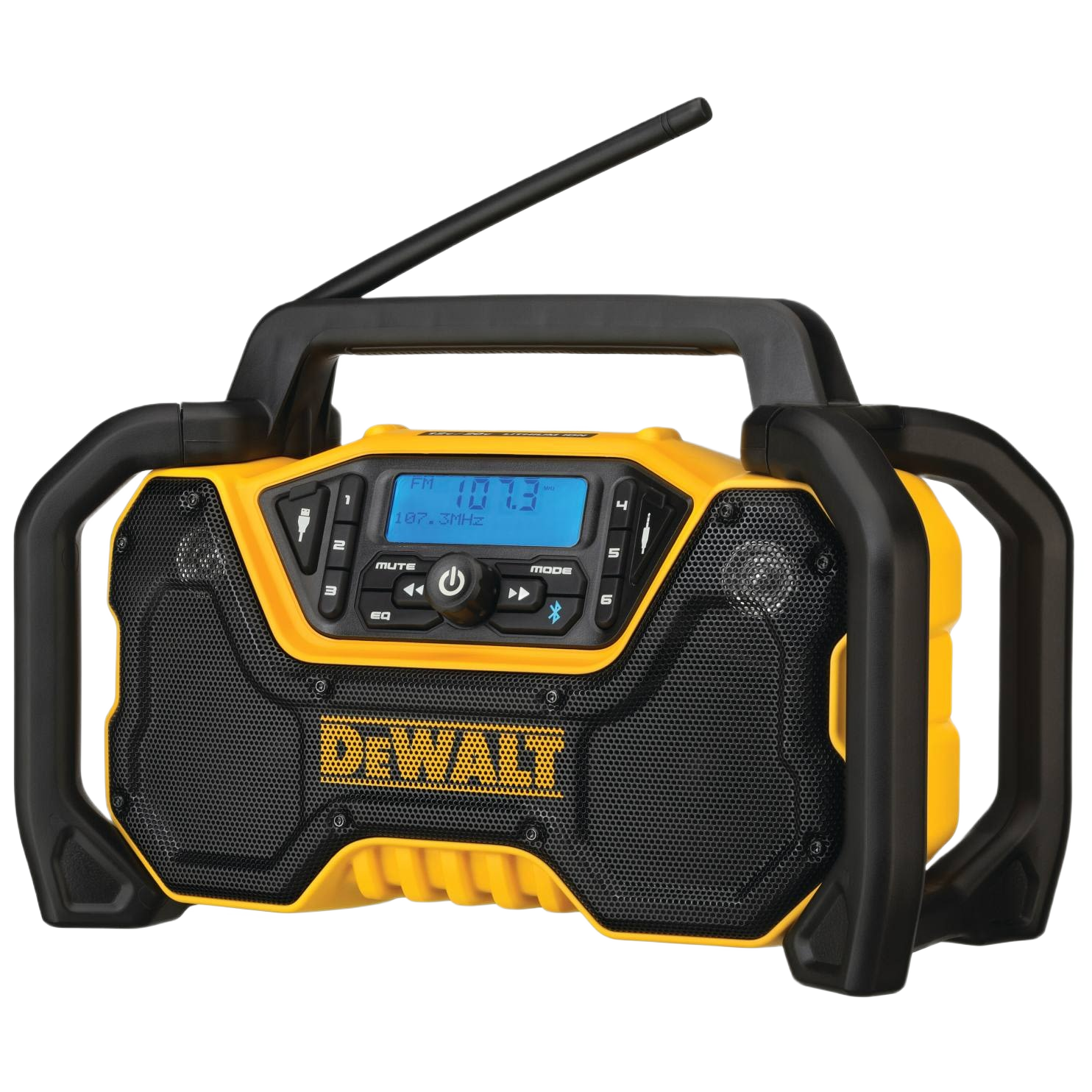 Yellow and black DEWALT Bluetooth cordless jobsite radio with protective handles for tools and home improvement