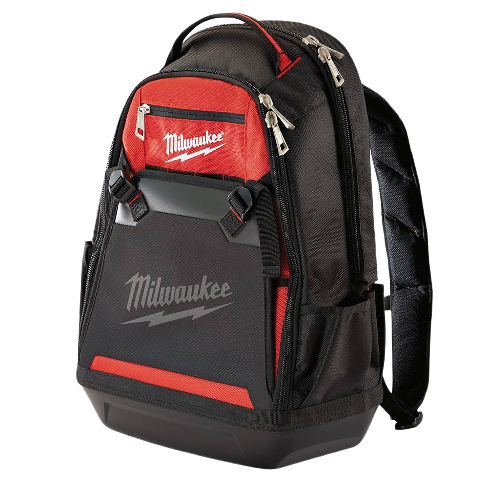 Durable Milwaukee tool storage backpack with padded straps and molded base for workshop organization and home improvement tools
