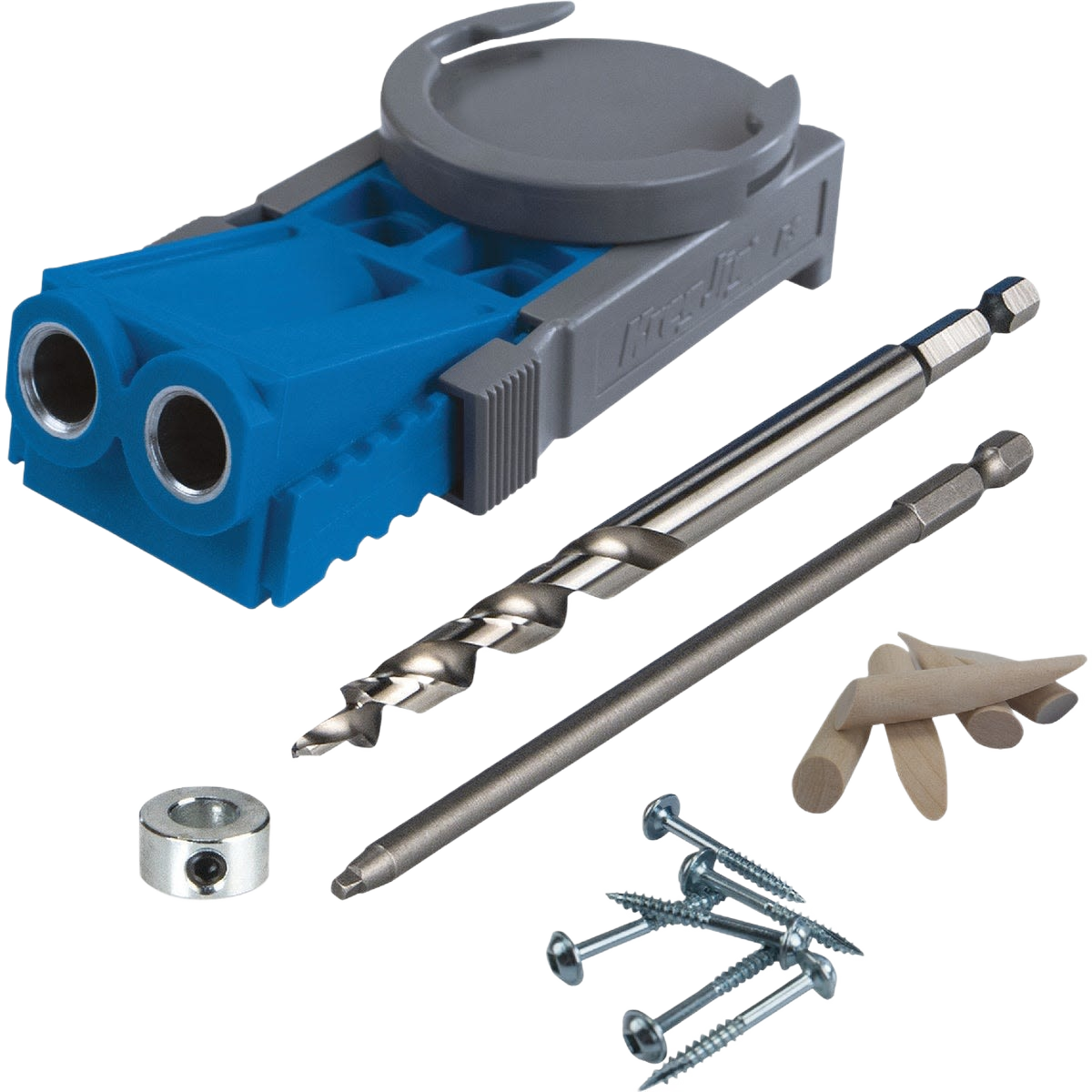 Compact blue and gray pocket hole jig kit with drill bits, screws, and wooden dowels for woodworking tools under $100 quality