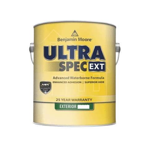 Gallon container of white satin exterior paint with enhanced adhesion for home improvement and exterior wall paint projects