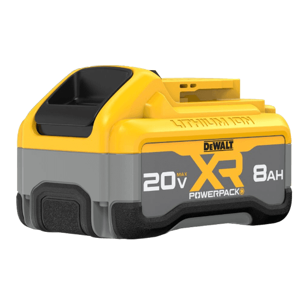 Yellow and gray 20V MAX extended run-time battery pack with 8 amp-hour capacity for tools and home improvement use