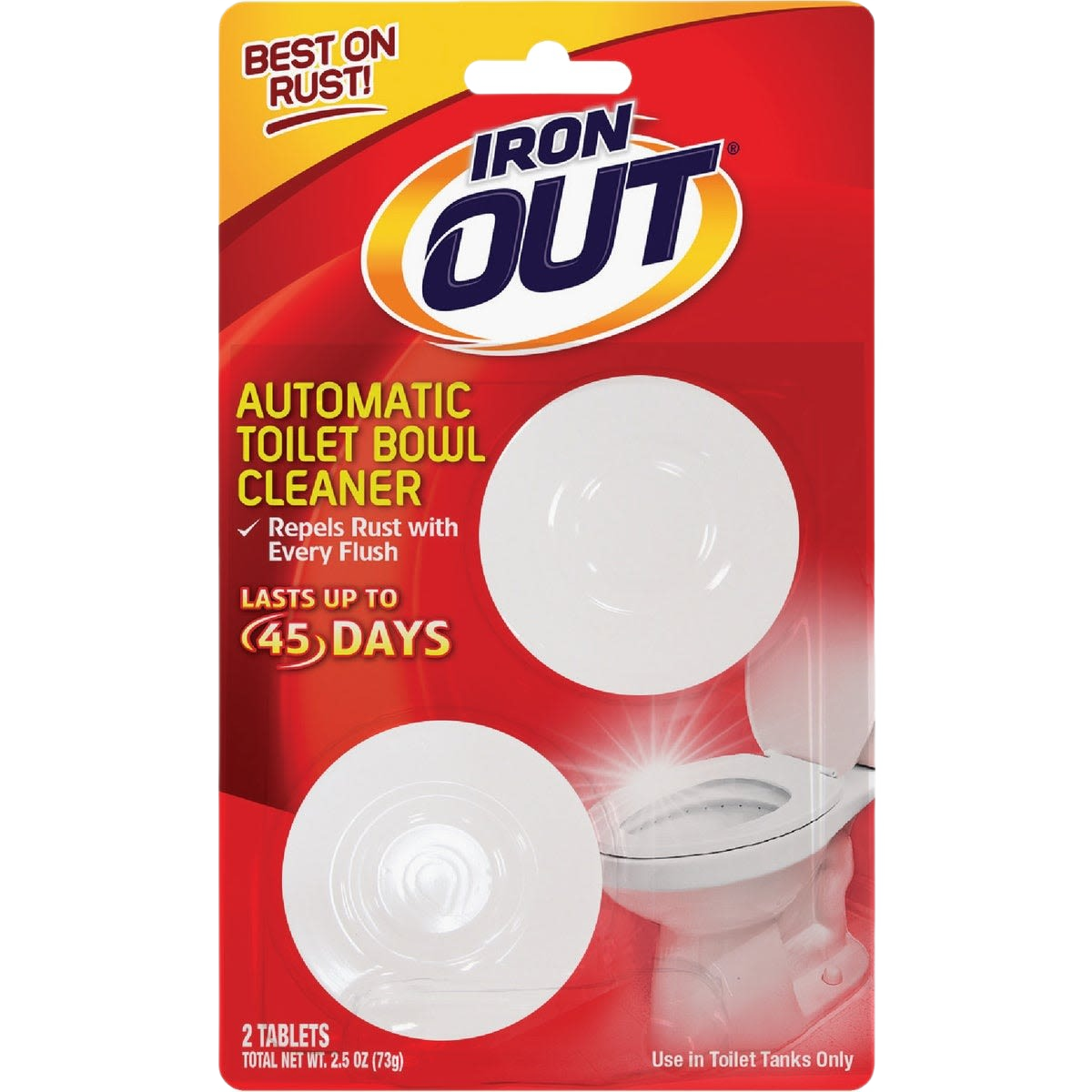 Red and yellow packaging of iron out cleaner with two white automatic toilet bowl cleaning tablets for rust prevention