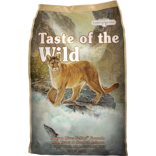 Bag of Taste of the Wild dry cat food featuring mountain lion artwork with trout and salmon themed packaging design