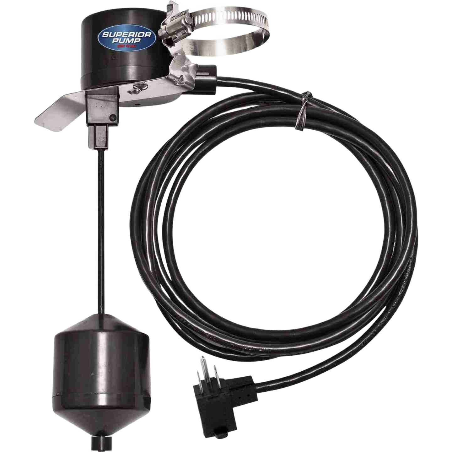 Black vertical pump switch with tapered float ball and long cable for plumbing and water pump accessories collections