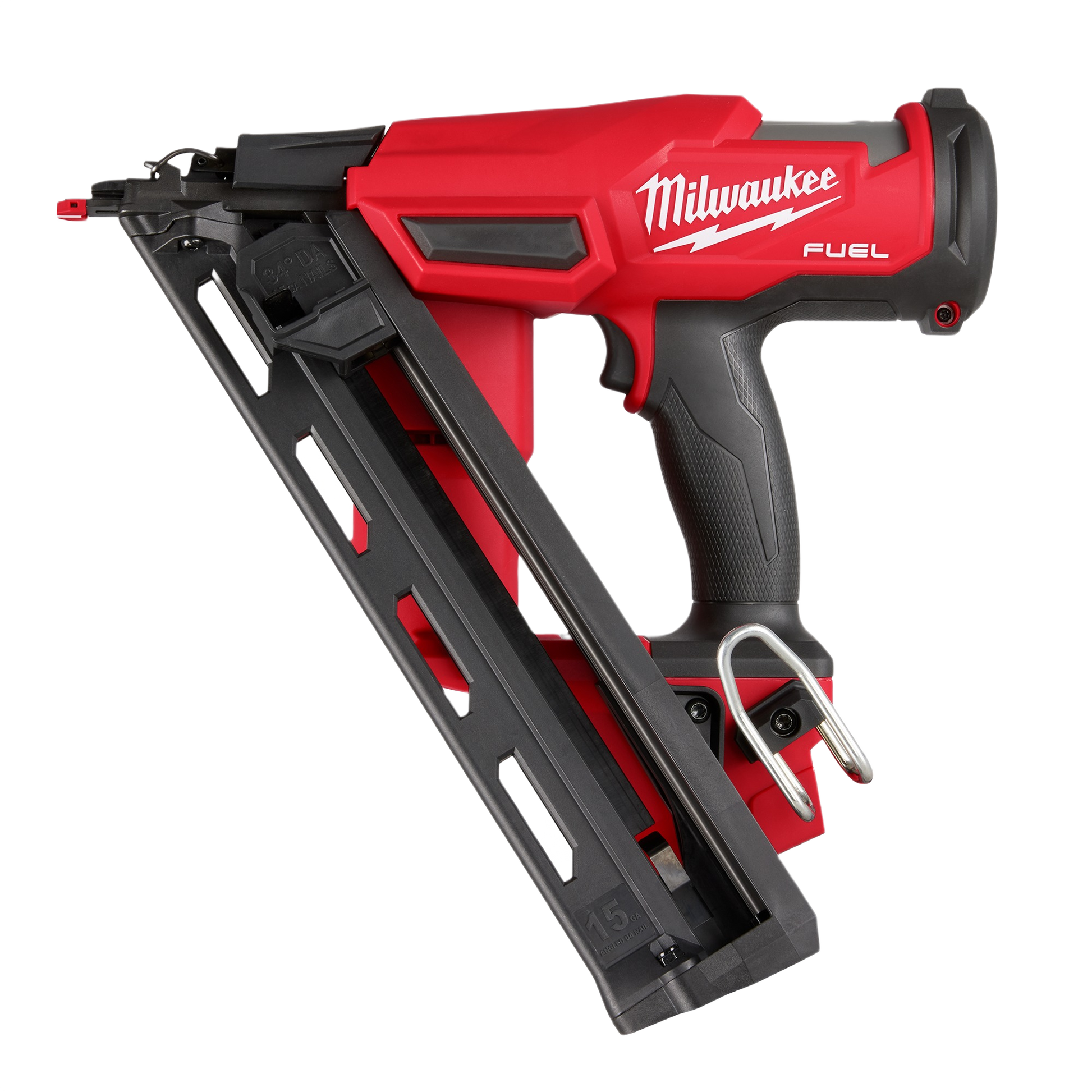 Red and black cordless angled finish nailer designed for professional home improvement and woodworking tasks