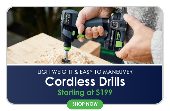 Hands holding a black and green cordless drill driving a screw into a piece of wood with wood shavings visible on the surface, accompanied by promotional text for lightweight drills.