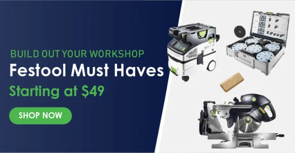 Digital banner showing a collection of workshop tools including a compact miter saw, a mobile tool storage box, and a drill bit set, alongside promotional text for workshop essentials.