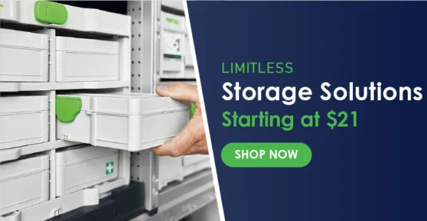 Hand reaching to open a modular storage drawer in an organized white shelving unit with green accents beside promotional text for storage solutions and pricing.