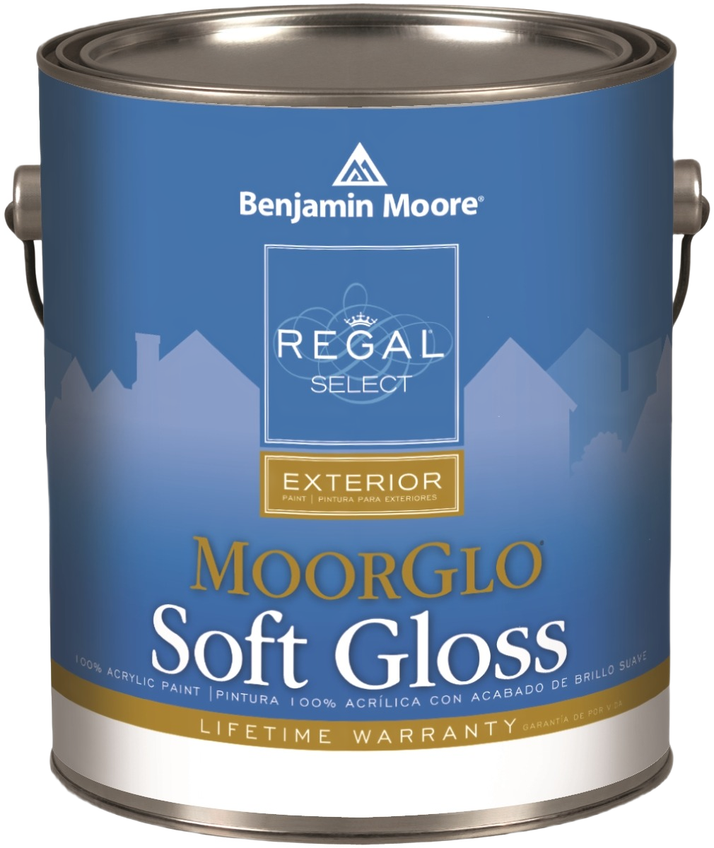 One-gallon can of Benjamin Moore Regal Select MoorGlo soft gloss exterior paint for home improvement use