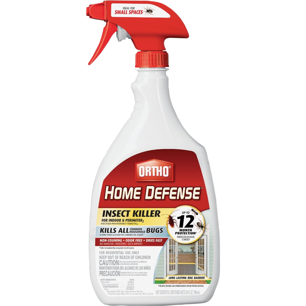 White and red spray bottle of Ortho Home Defense insect killer for indoor and perimeter use in pest control collections under $50