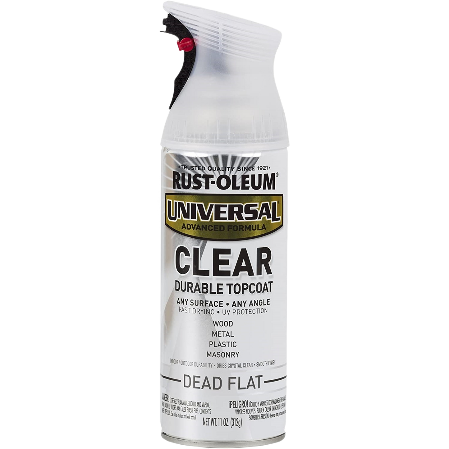 Rust-Oleum clear dead flat spray topcoat for durable protective finish on wood, metal, plastic, and masonry surfaces under $50.