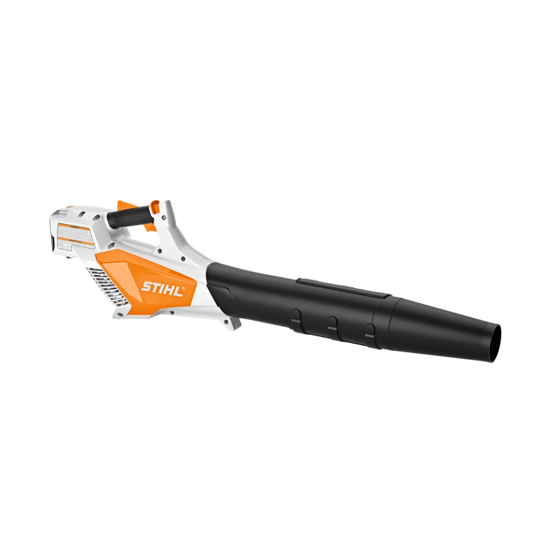 Compact cordless handheld blower in orange and white with black nozzle for outdoor tools and home improvement use