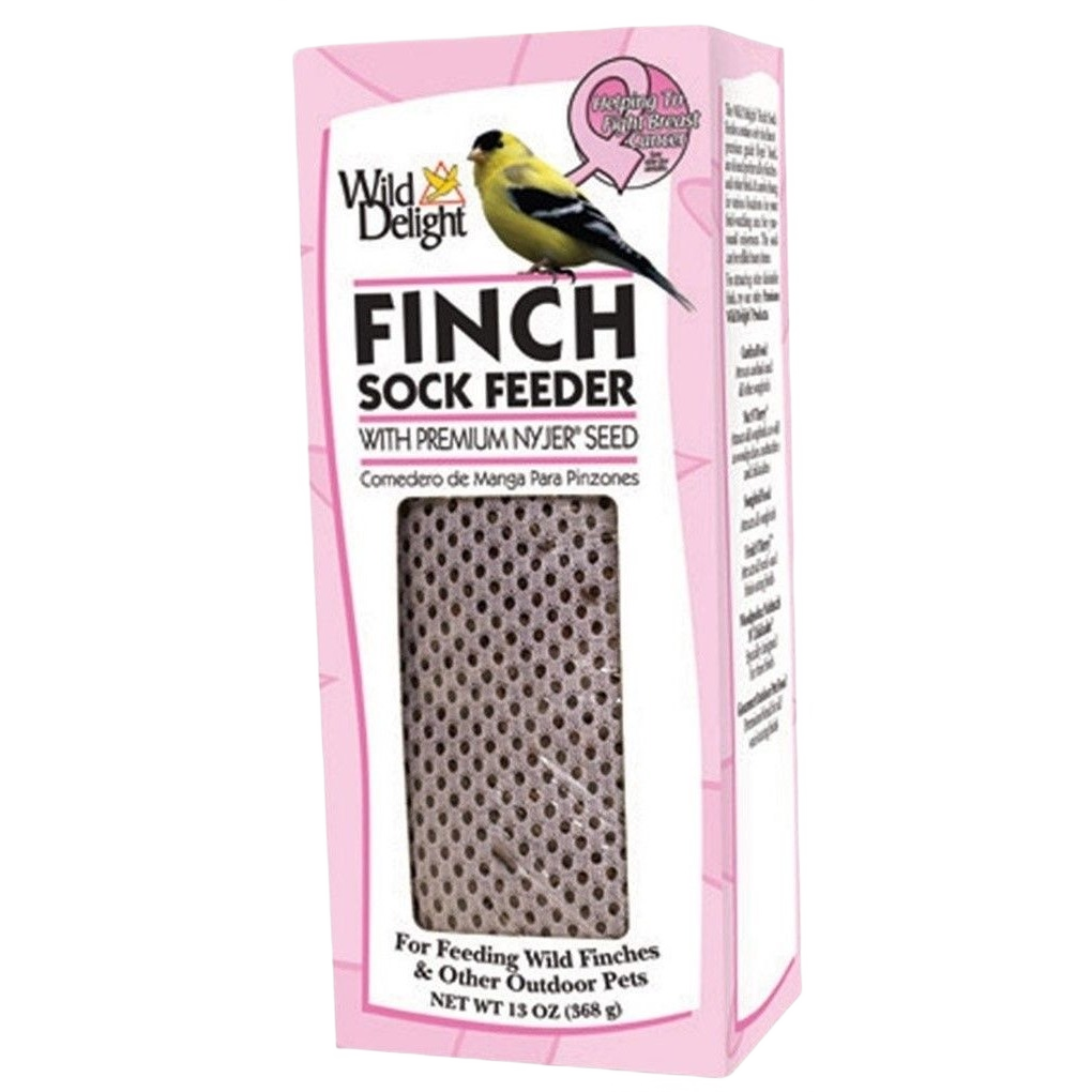 Wild Delight Finch sock feeder with mesh design containing Nyjer seed for feeding wild finches outdoors