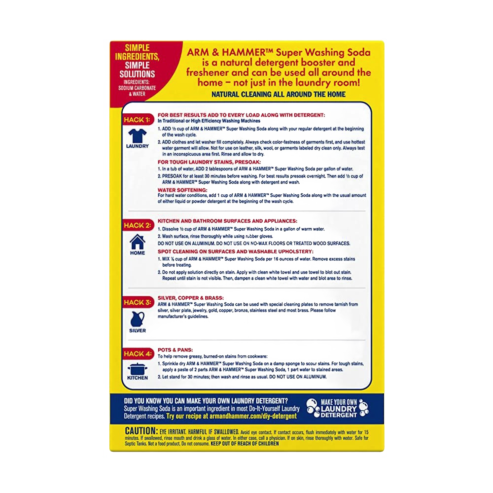 Back panel of Arm & Hammer Super Washing Soda showing usage instructions for laundry, home cleaning, and silver care in household items collection