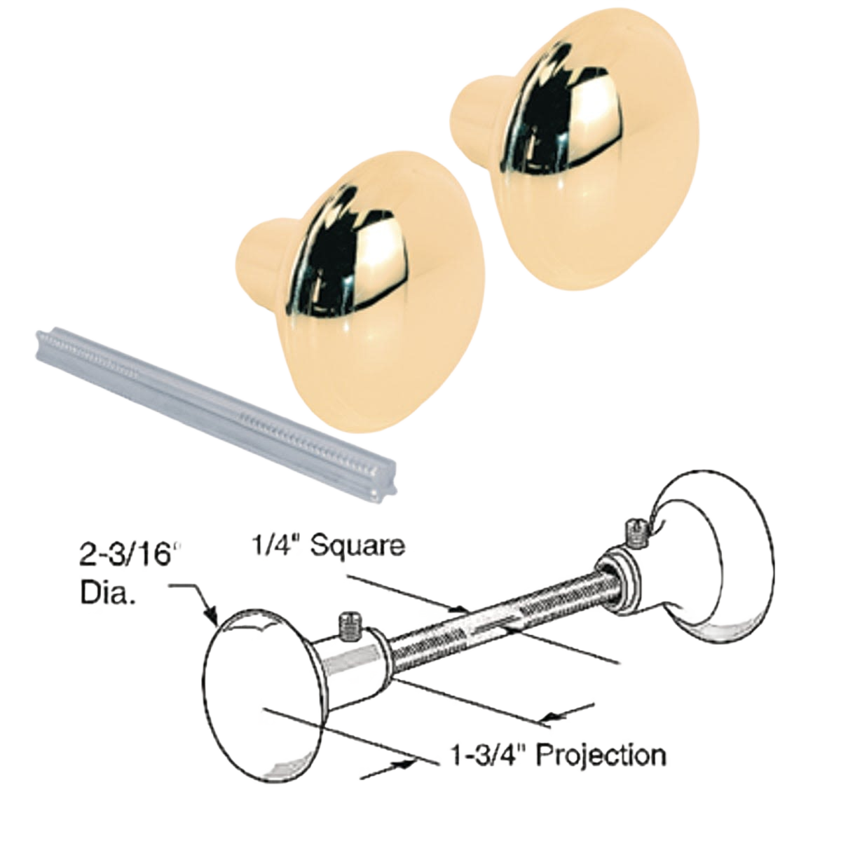 Pair of polished brass round knobs with mounting hardware and installation diagram for home improvement hardware collection