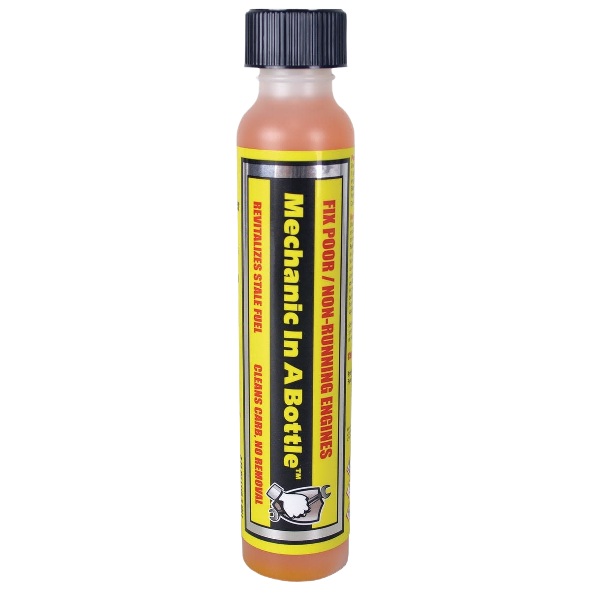 Small plastic bottle of fuel treatment for engine and fuel system cleaners in automotive maintenance supplies.