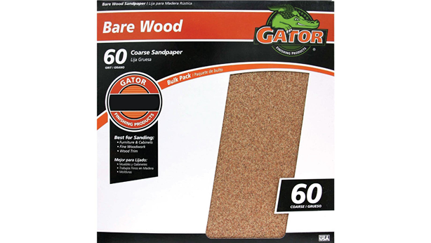 Gator coarse 60-grit sandpaper sheet for wood sanding in home improvement projects with orange and black branding.