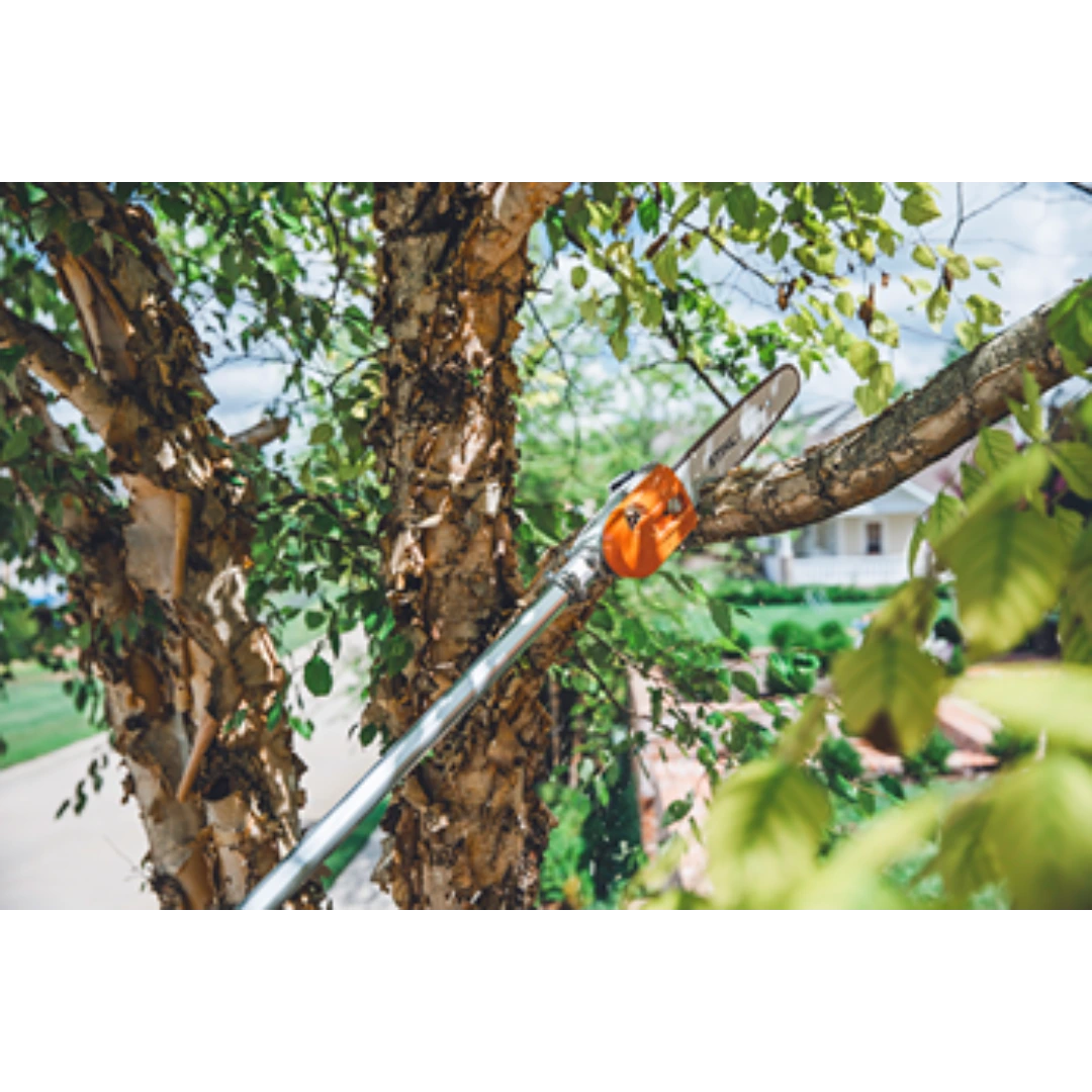 Telescoping pole pruner with orange motor head cutting tree branches for home improvement and yard maintenance tasks