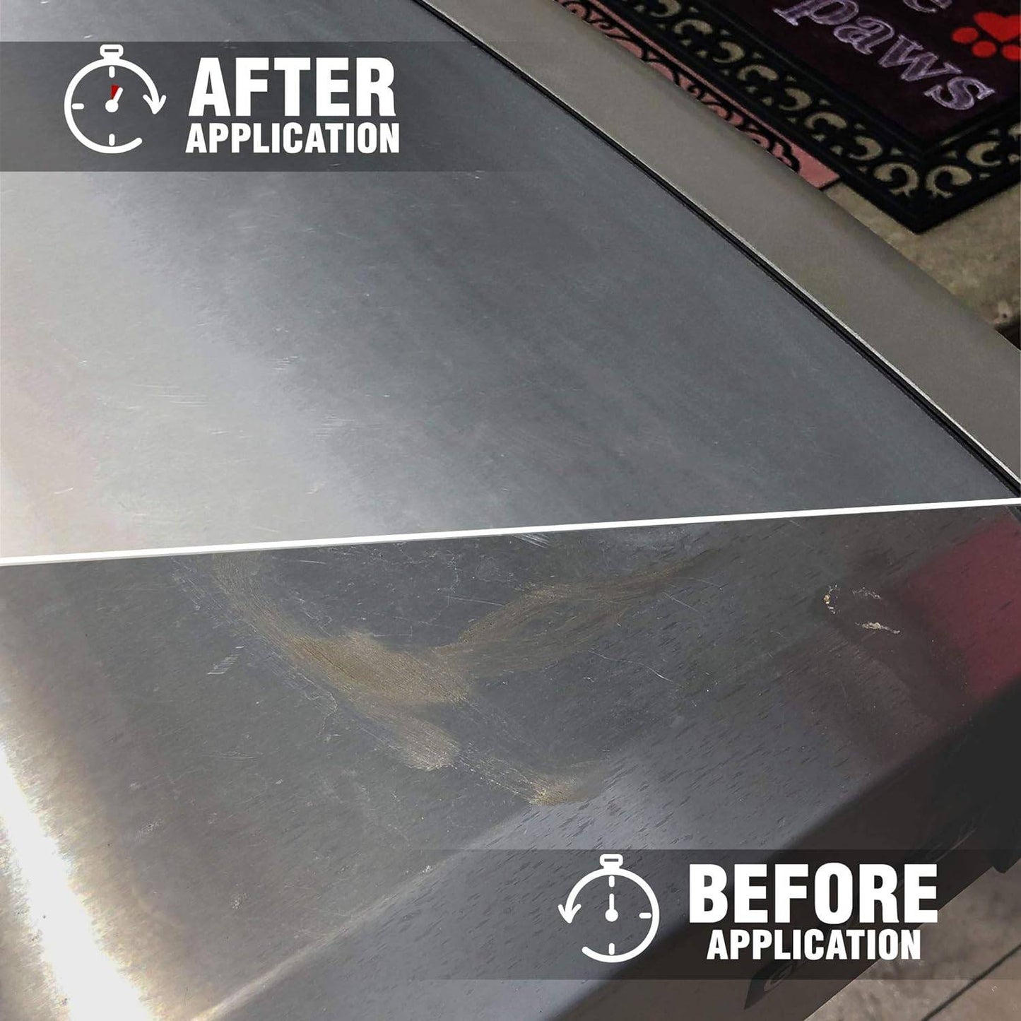 Stainless steel surface with clear cleaning results after using cleaner, shown for cleaning supplies under $50 collection