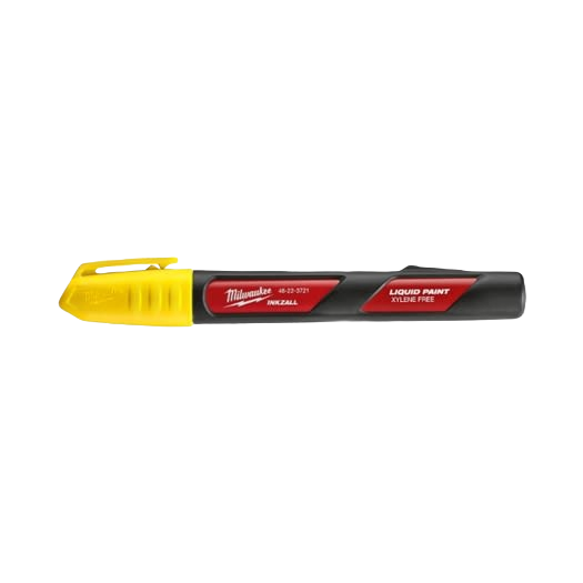Yellow-capped liquid paint marker with black barrel and red branding for tools and home improvement tasks