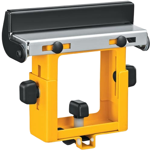 Yellow and black metal saw stand support with adjustable stop for power tool accessories and home improvement tasks