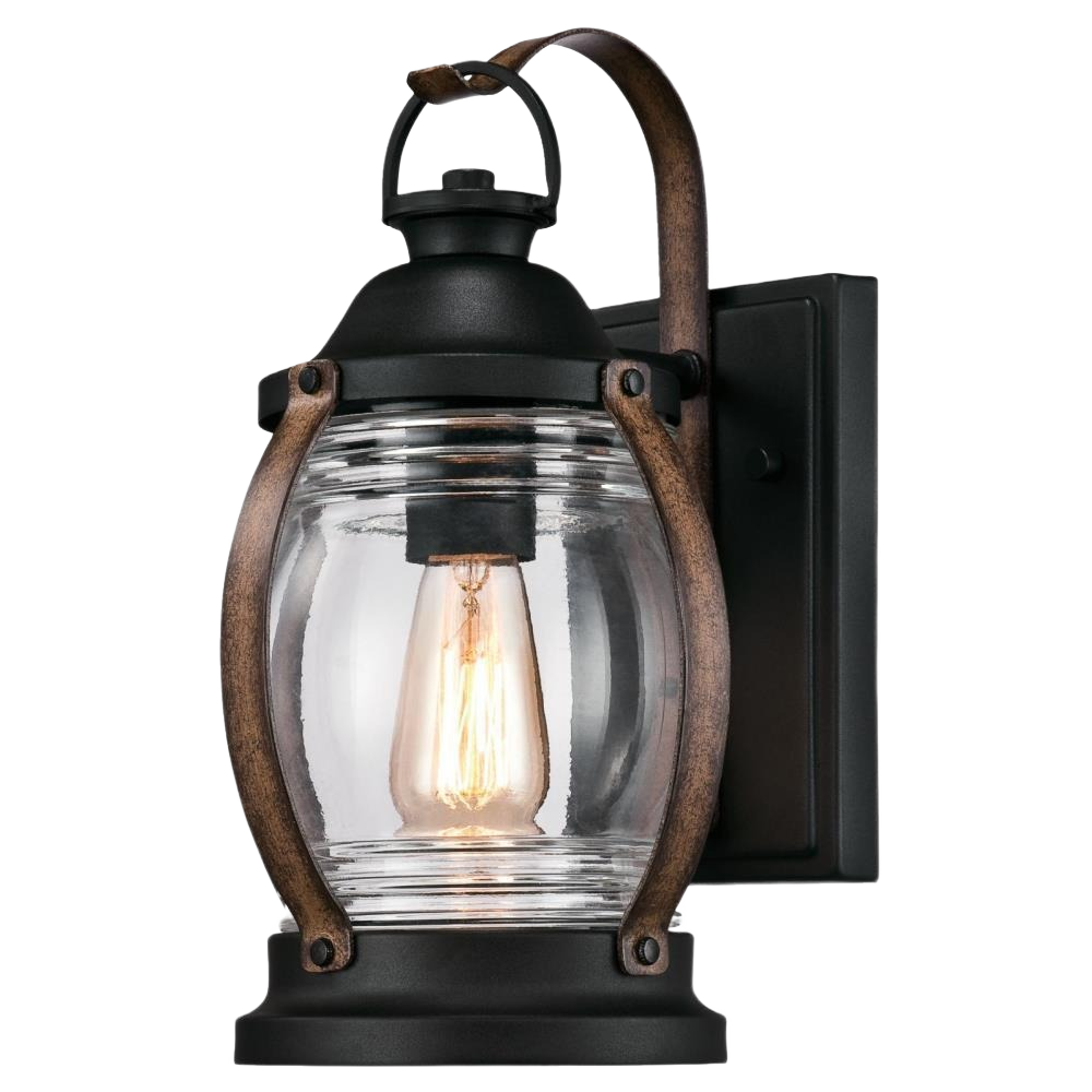 Black and barnwood outdoor wall light with clear glass and vintage filament bulb for rustic wall lighting
