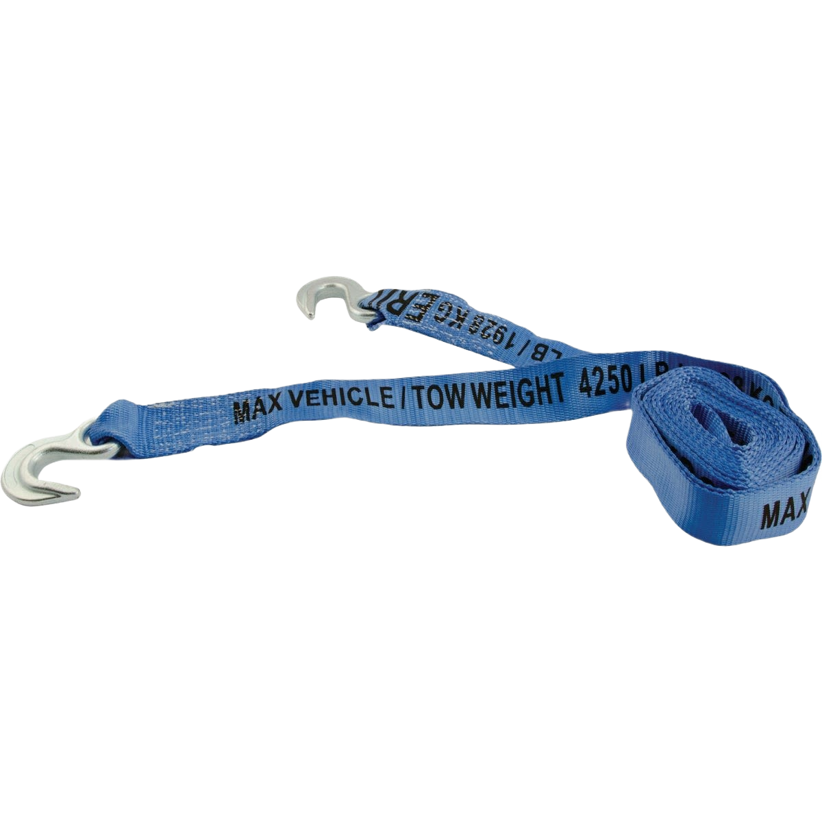 Blue tow strap made of durable woven material with metal hooks for heavy-duty vehicle recovery tasks