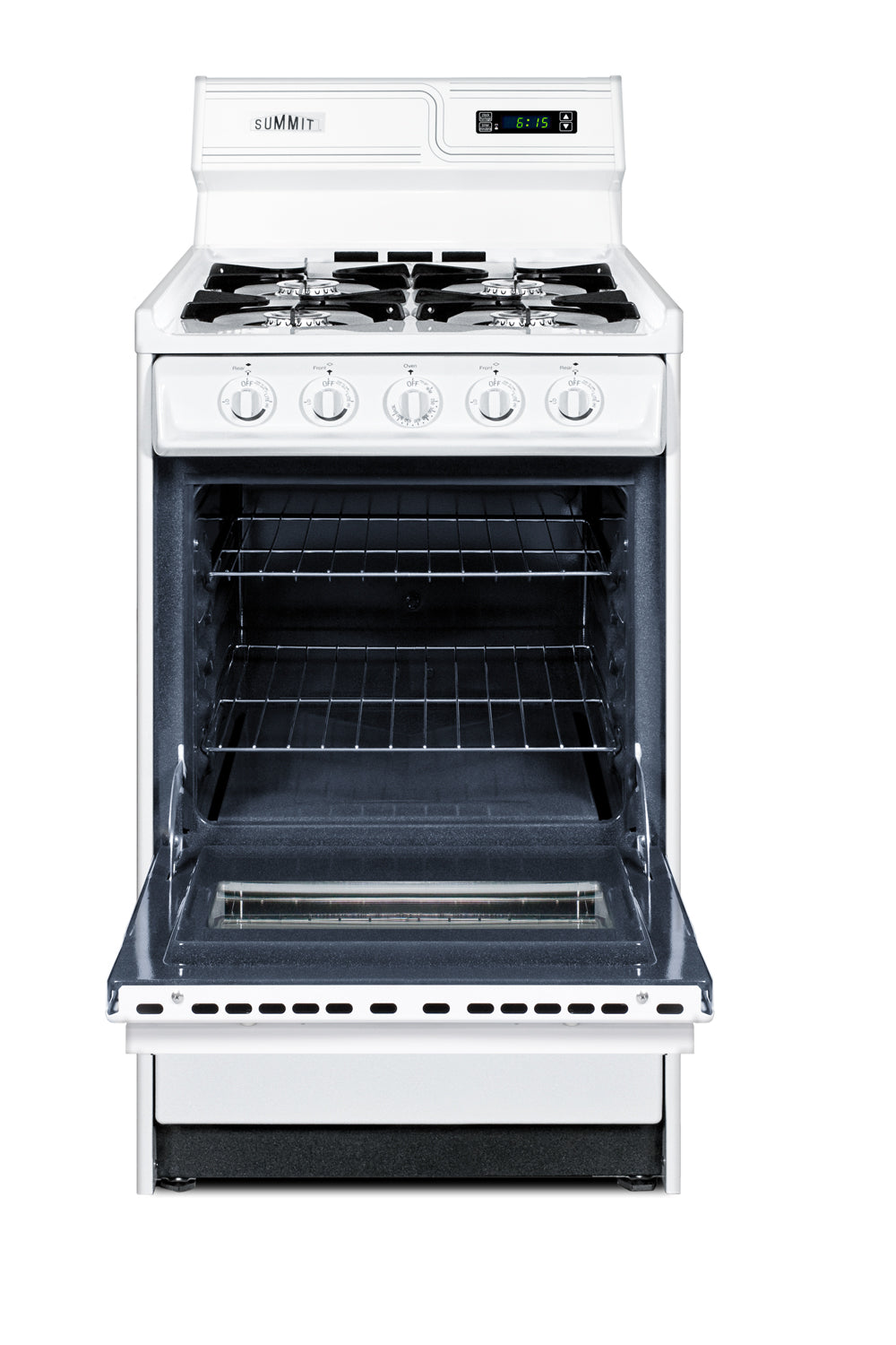 White 20-inch wide gas range with four burners and open oven door for kitchen and appliance collections