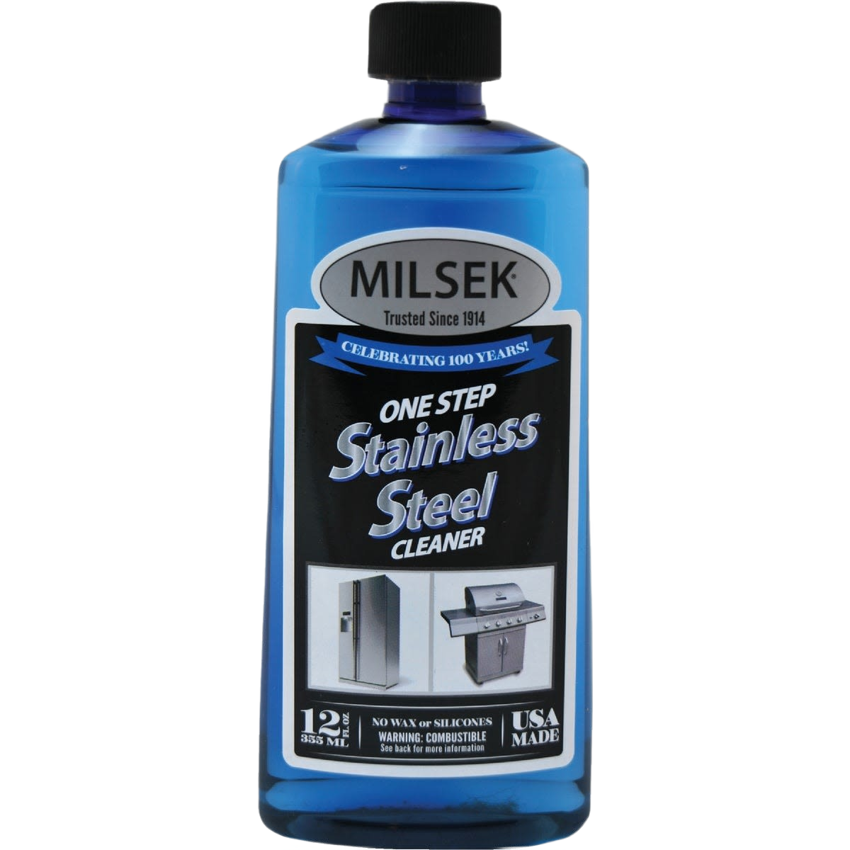 Blue bottle of Milsek stainless steel cleaner for appliances and grills in cleaning supplies under $50 collection