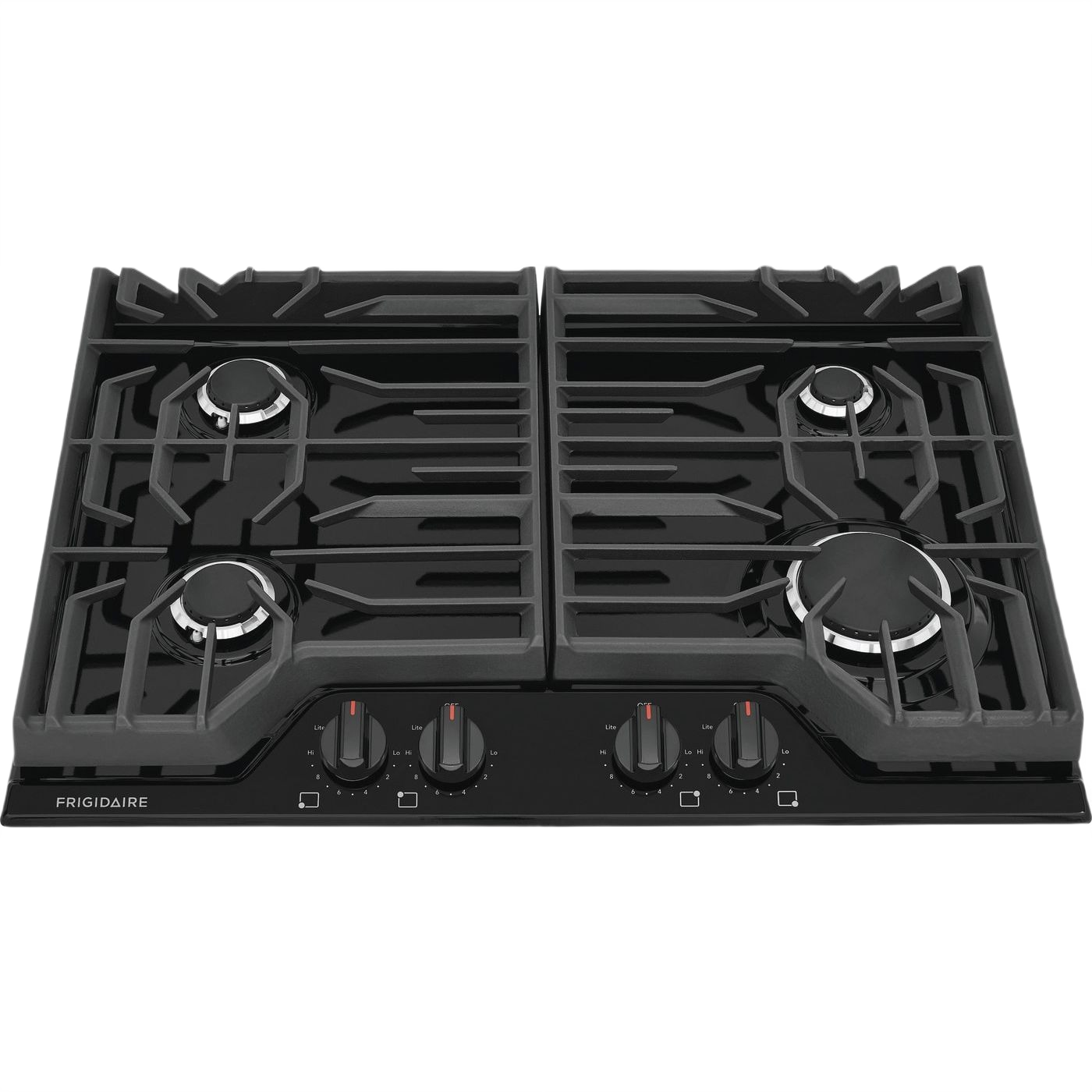 Black 30-inch gas cooktop with four burners and front control knobs for kitchen appliances collection