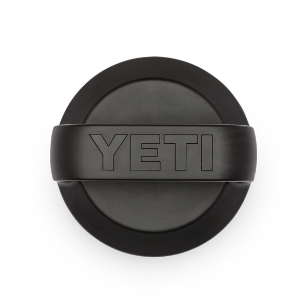 Black rugged bottle chug cap with molded grip band embossed with brand logo for secure handling and spill resistance