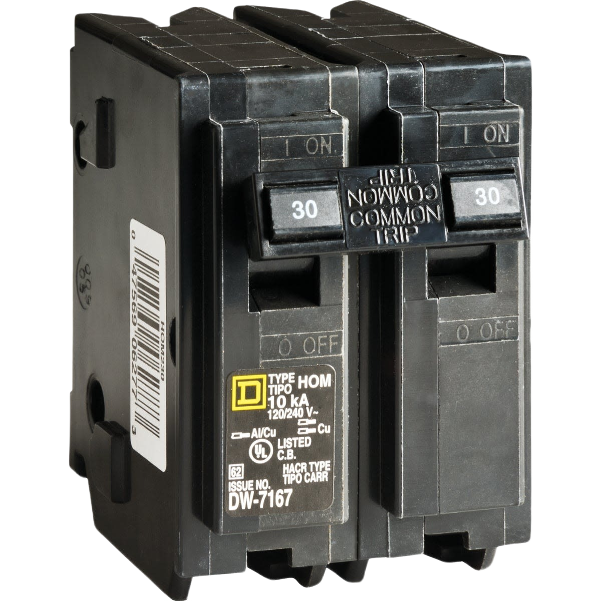 Black 30-amp double-pole circuit breaker with common trip for electrical panels in home improvement projects